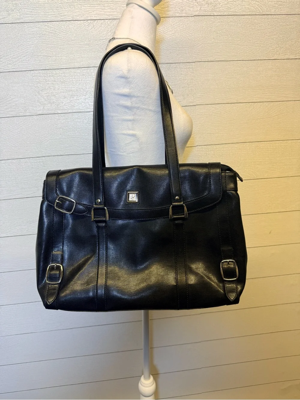 Diane Von Furstenberg Black Textured Leather Tote with Silver Buckles